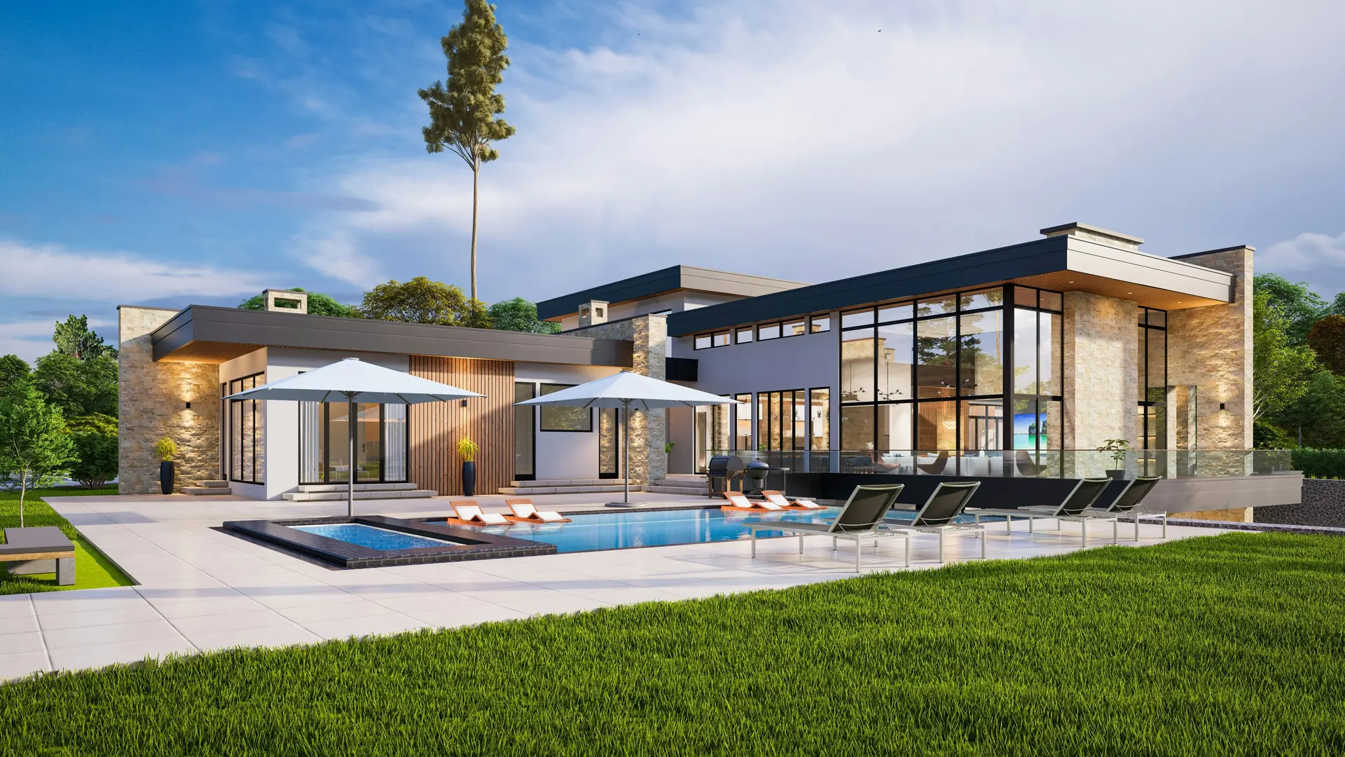 A modern house with a pool, patio and landscaped lawn under a clear blue sky